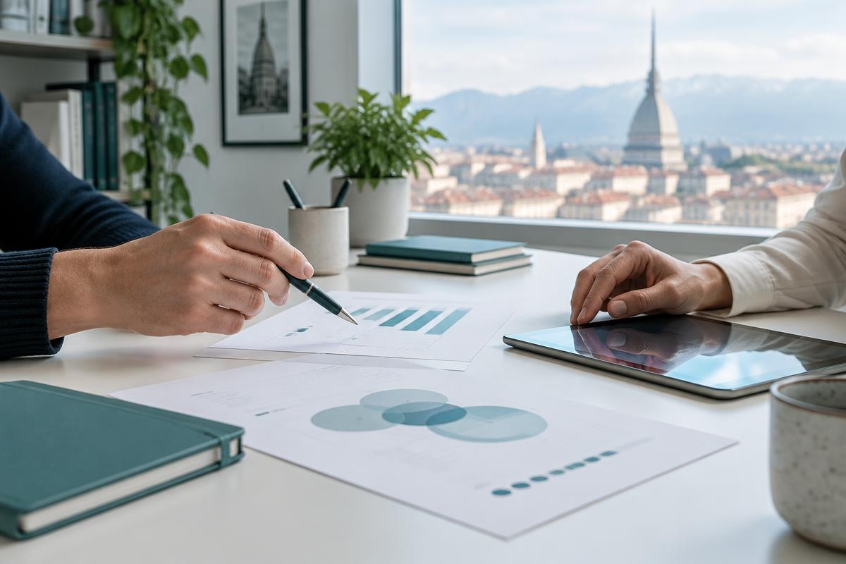 Due persone esaminano insieme documenti e dati su un tavolo