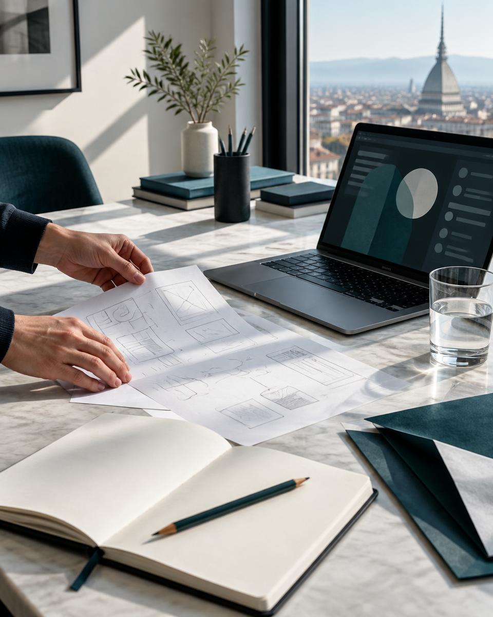 Tavolo di lavoro con schizzi, computer e strumenti di progettazione