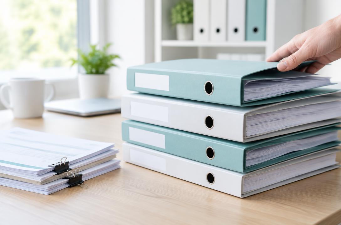 Cartelle d'archivio ordinate e fatture cartacee sulla scrivania
