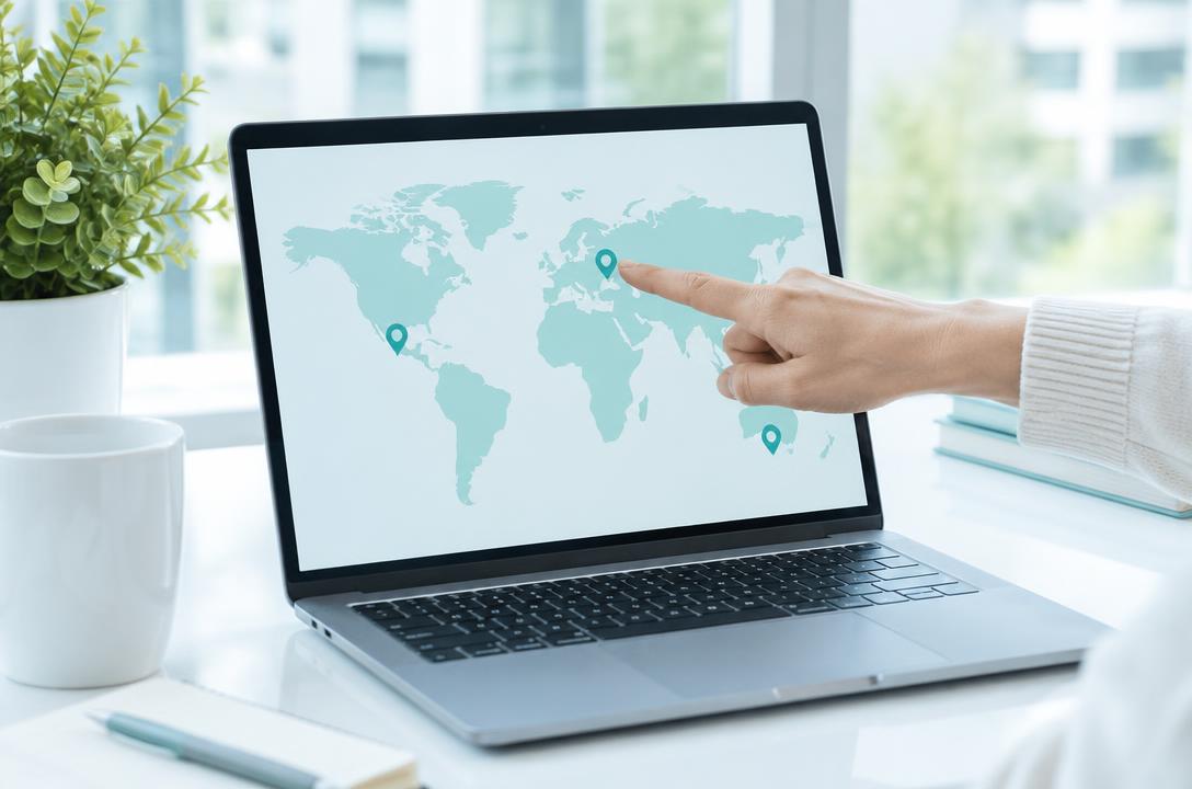Una mappa del mondo su un portatile con tre segnaposto