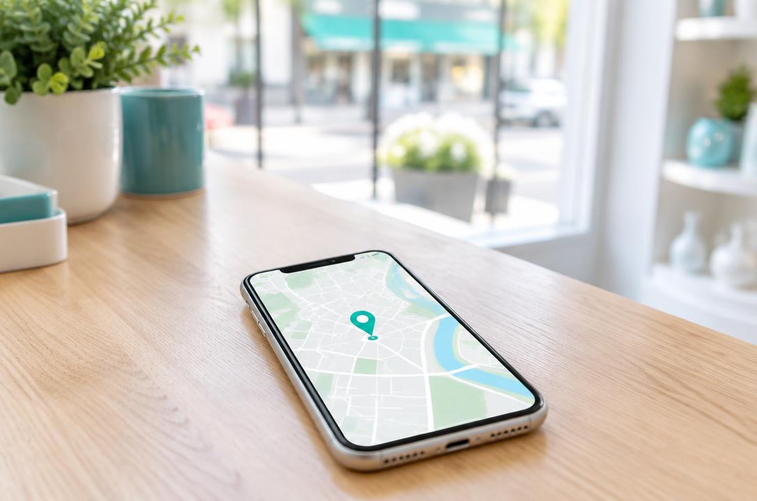Uno smartphone sul bancone con una mappa e un segnaposto al centro