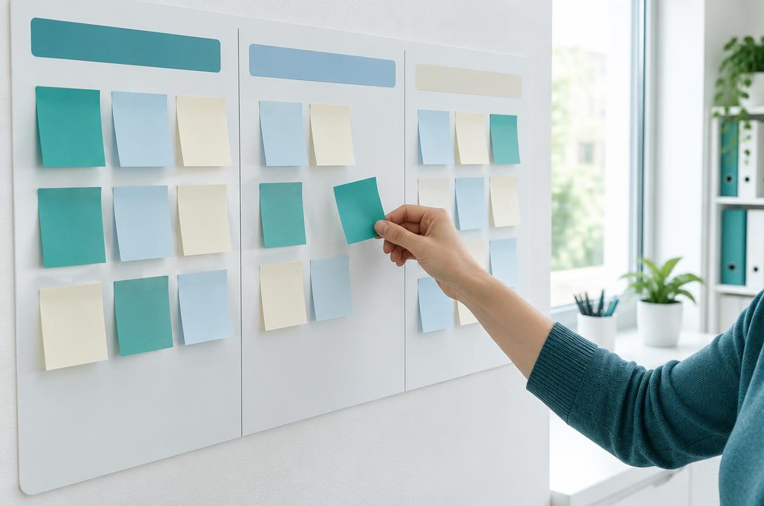 Una bacheca a colonne con post-it e una mano che ne sposta uno
