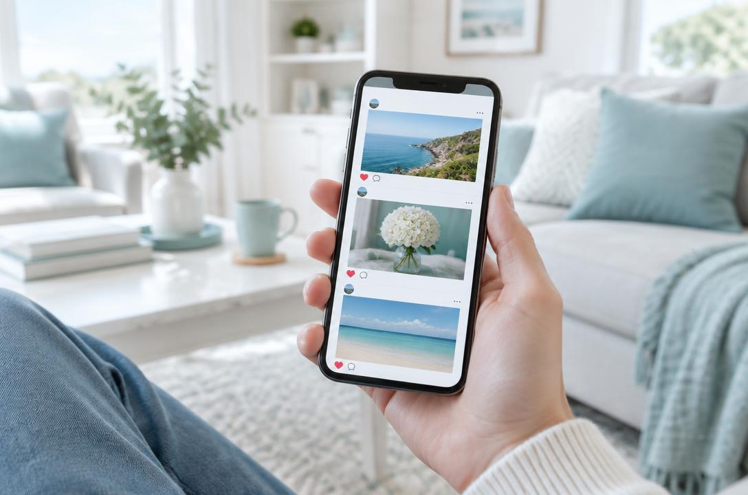 Un feed di social con le foto dei post e i mi piace